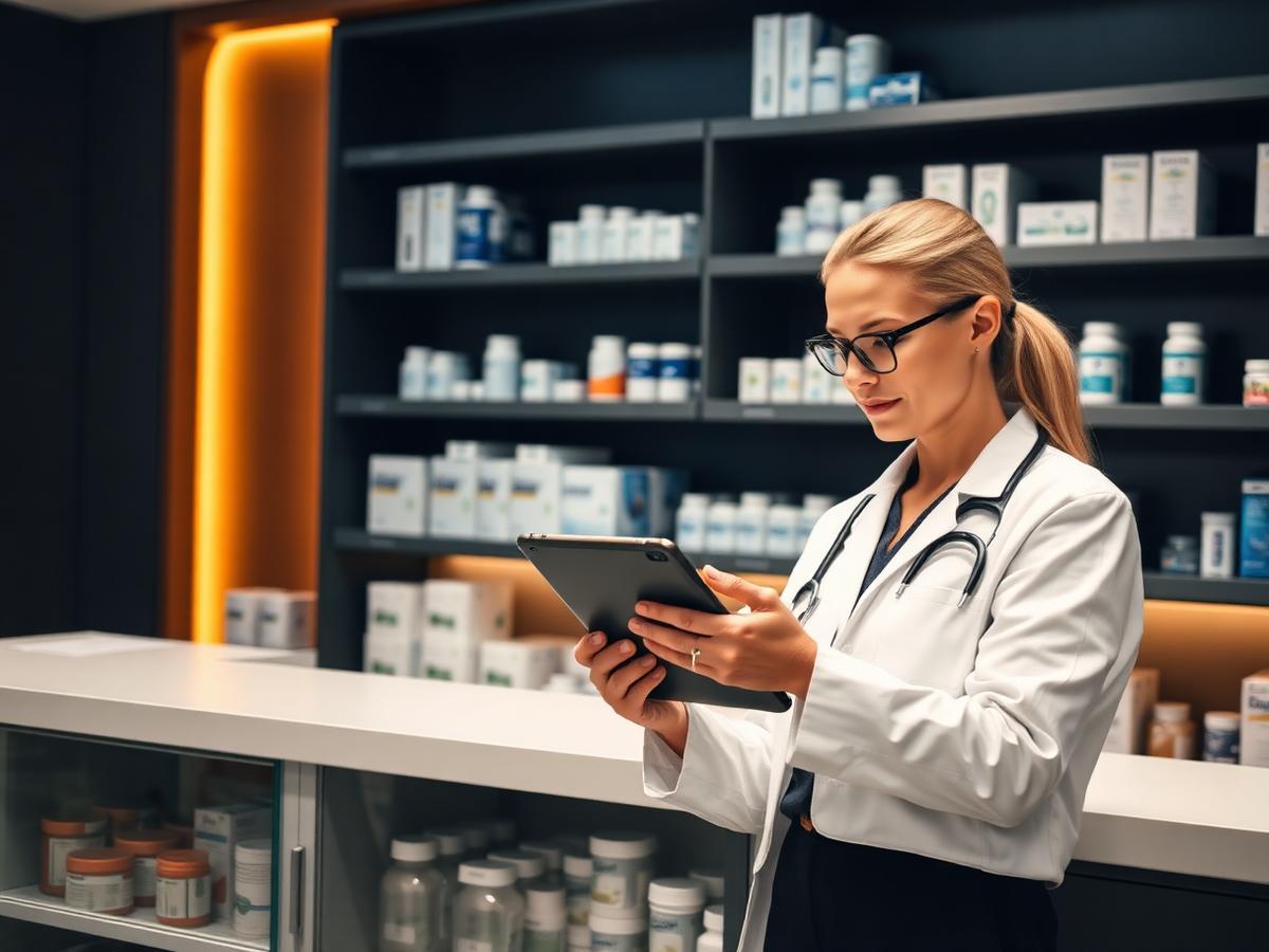 Profissional de farmácia a verificar stock de medicamentos num tablet