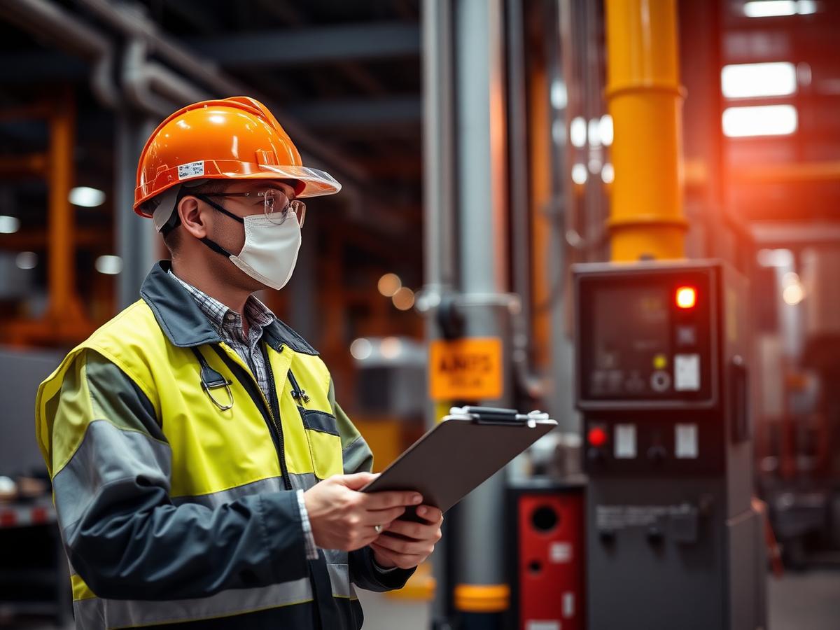 Técnico de segurança e saúde no trabalho em inspeção numa unidade industrial