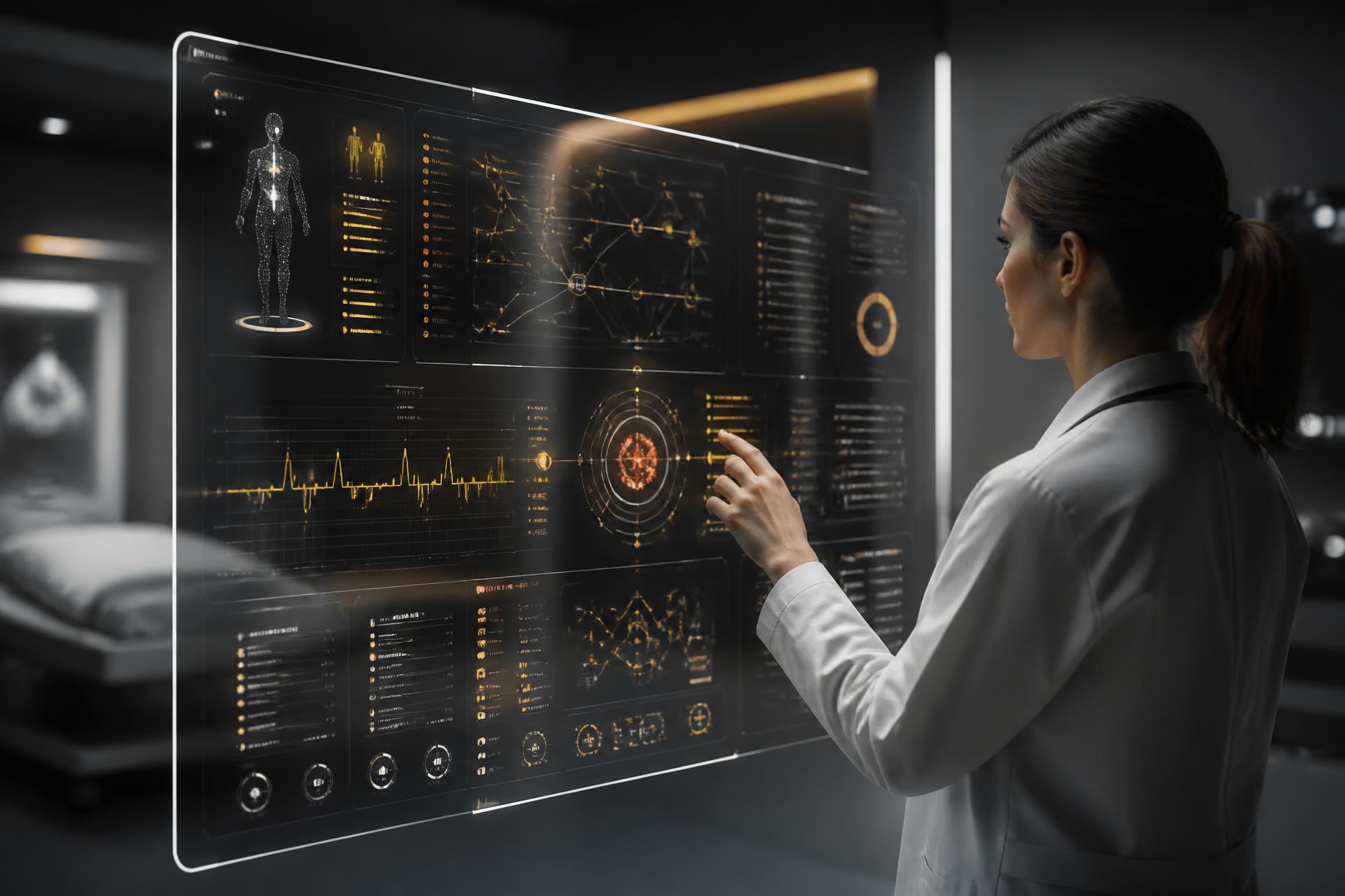 Profissional de saúde a interagir com um painel digital de gestão e dados clínicos