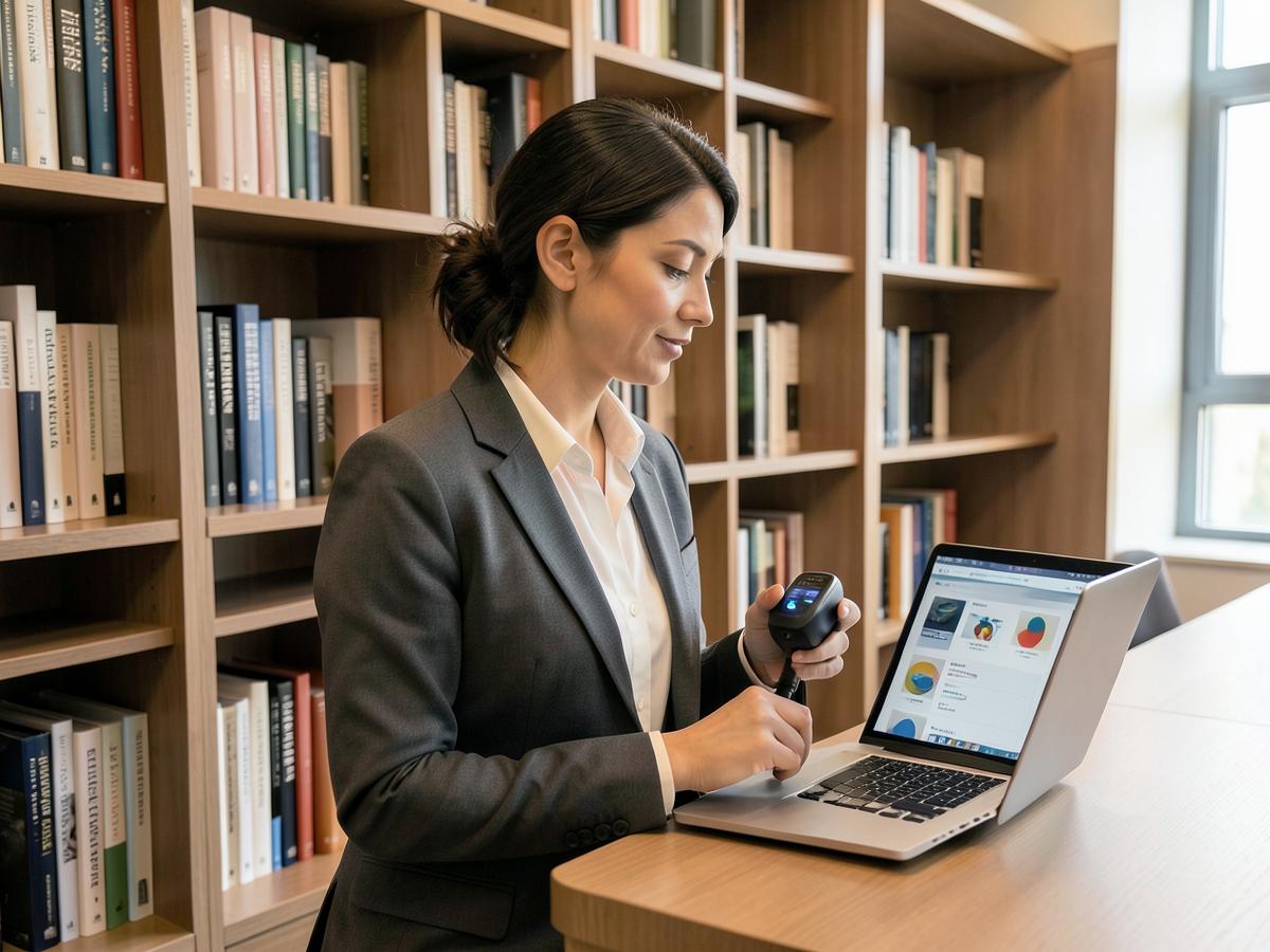 Bibliotecária a inventariar livros com leitor RFID junto às estantes