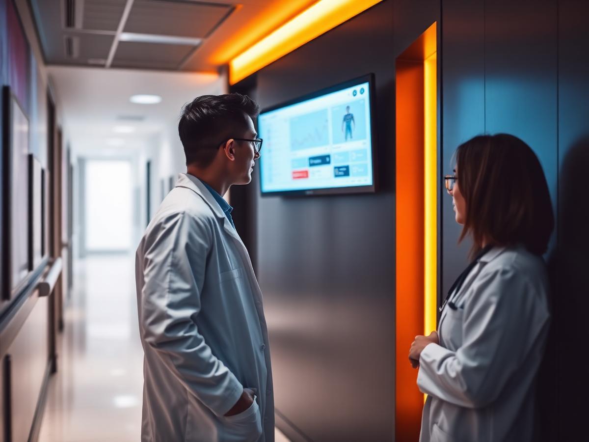 Profissionais de saúde a consultar informação clínica numa unidade hospitalar